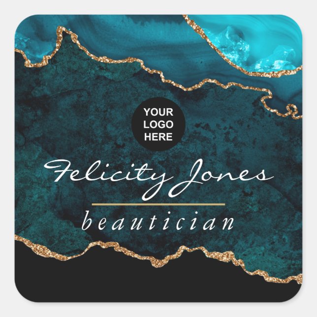 Teal - Turquoise and Gold Geode Agate Corporate Square Sticker (Front)