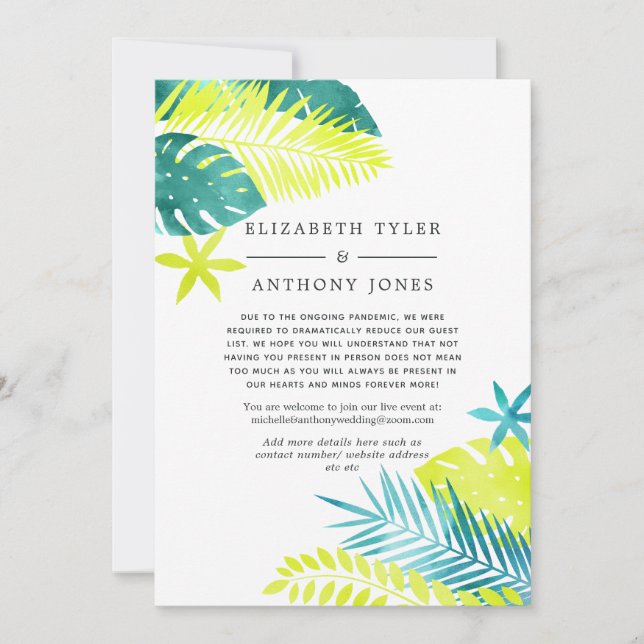 Teal - Turquoise and Lemon Tropical Guest List Announcement (Front)