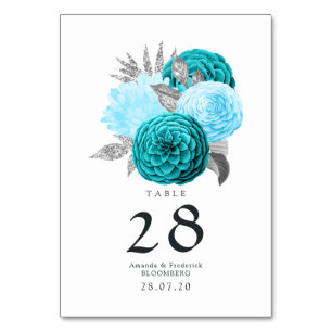 Teal - Turquoise and Silver Floral Wedding Table Number