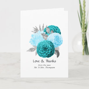 Teal - Turquoise and Silver Floral Wedding Thank You Card