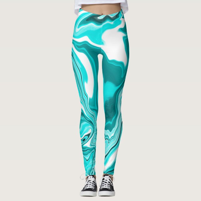 Teal, Turquoise and White Marble   Leggings (Front)