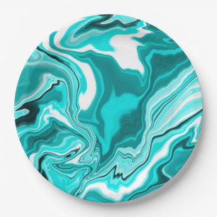 Teal, Turquoise and White Marble    Paper Plate