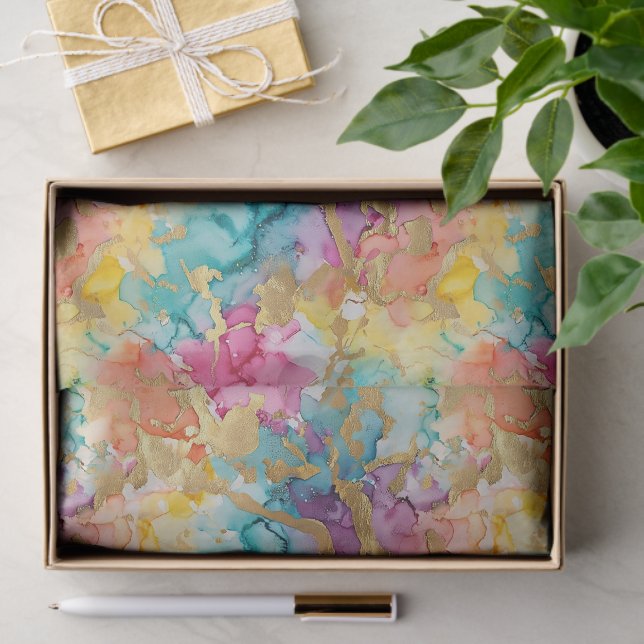 Teal Turquoise Aqua Blue Pink Purple Gold Marble Tissue Paper (Gift)