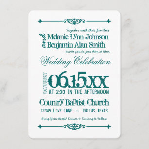 Teal Turquoise Aqua Typography Wedding Invitations