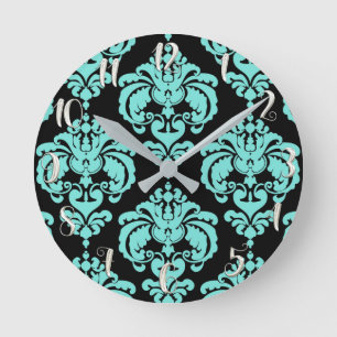 Teal Turquoise & Black Damask Modern Personalized Round Clock