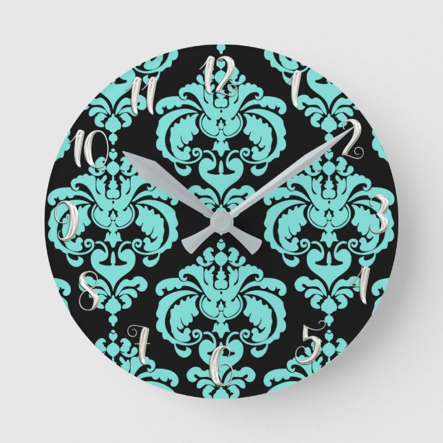 Teal Turquoise & Black Damask Modern Personalized Round Clock (Front)