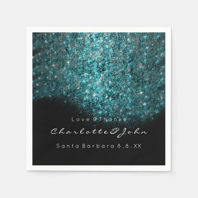 Teal Turquoise Blue Black White Confetti Sequin1 Napkin (Front)