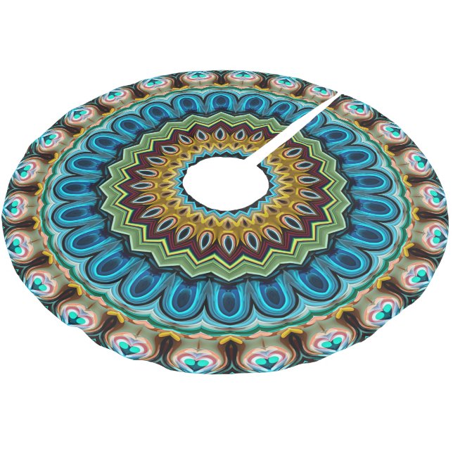 Teal Turquoise Blue Green Mandala Star Pattern Brushed Polyester Tree Skirt (Angled)