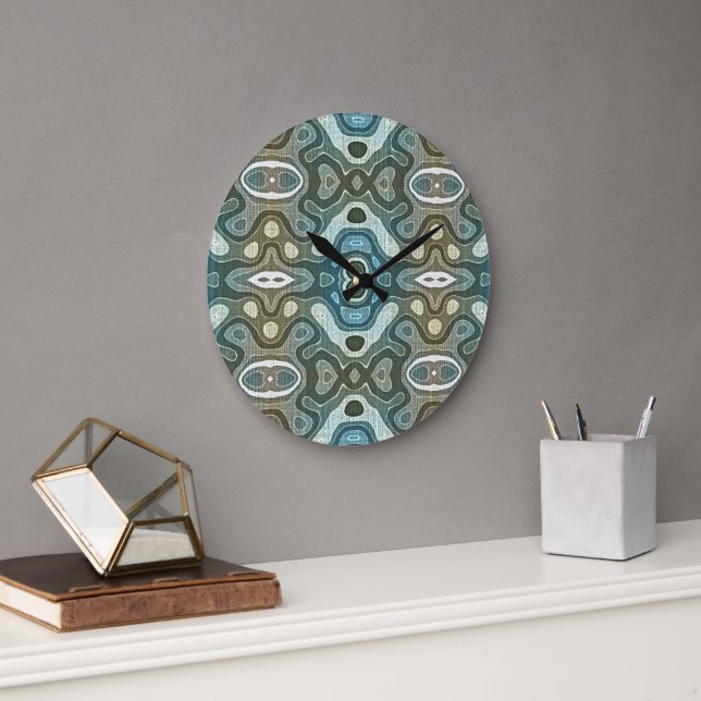 Teal Turquoise Blue Grey Brown Hip Bohemian Art Large Clock (Office)