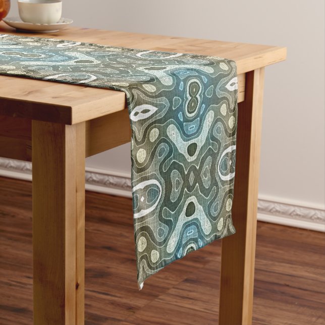 Teal Turquoise Blue Grey Brown Hip Bohemian Art Short Table Runner (In Situ)