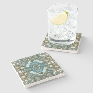 Teal Turquoise Blue Grey Brown Hip Bohemian Art Stone Coaster