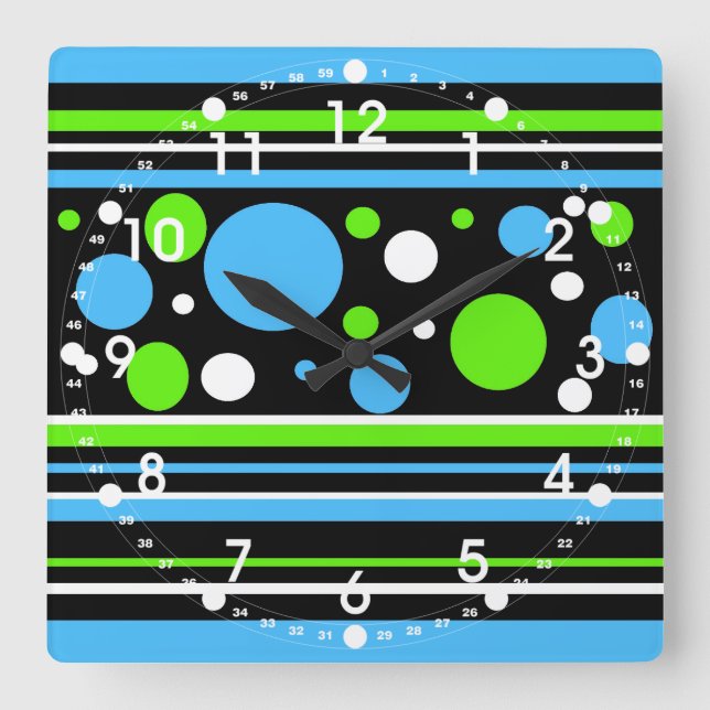 Teal Turquoise Blue Lime Green Stripes Polka Dots Square Wall Clock (Front)