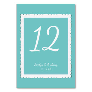 Teal Turquoise Blue With White Scalloped Frame Table Number