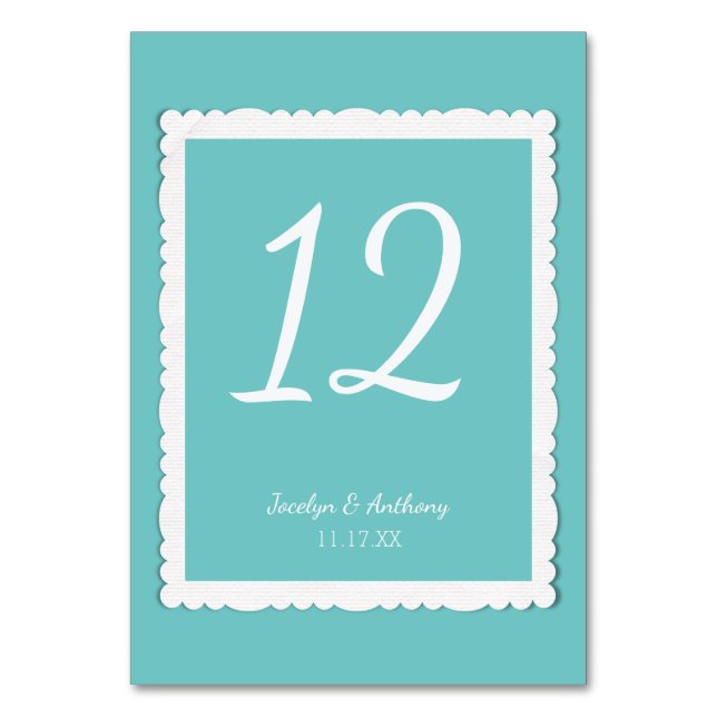Teal Turquoise Blue With White Scalloped Frame Table Number (Front)
