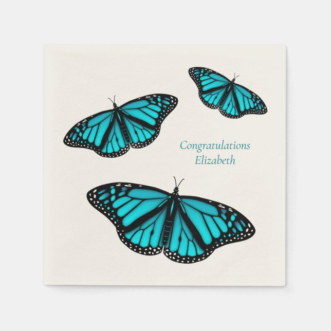 teal turquoise butterflies personalized napkin (Front)