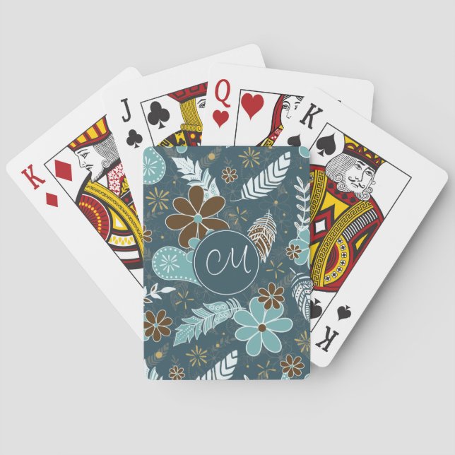 teal turquoise feathery flowery boho pattern playing cards (Back)