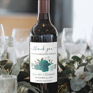Teal & Turquoise Floral Elegant Wedding Thank You Wine Label