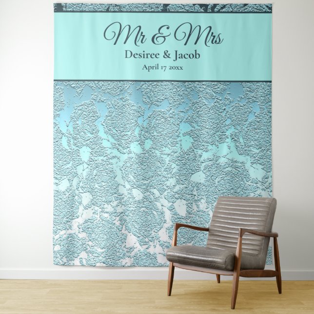 Teal Turquoise Floral Photo Booth Wedding Backdrop Tapestry (In Situ)