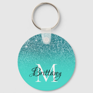 Teal Turquoise Glitter Ombre Monogram Keychain