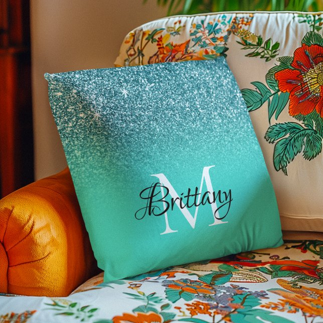 Teal Turquoise Glitter Ombre Monogram Throw Pillow (Teal Turquoise Glitter Ombre Monogram Throw Pillow)