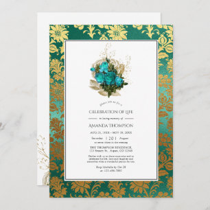 Teal - Turquoise & Gold Floral Celebration of Life Invitation