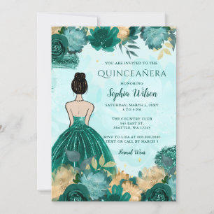 Teal Turquoise Gold Floral Princess Quinceañera Invitation