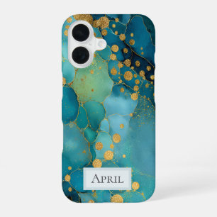 Teal, Turquoise & Gold Marble  iPhone 16 Case