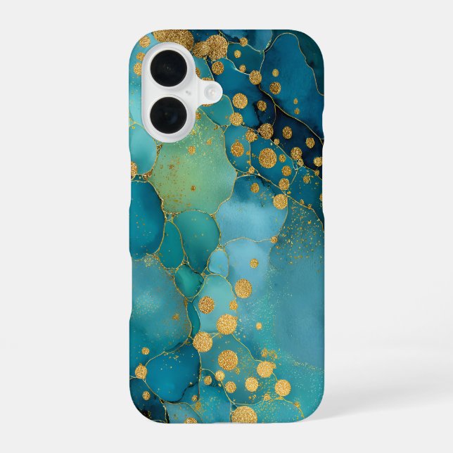 Teal, Turquoise & Gold Marble  iPhone 16 Case (Back)