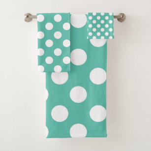 Teal Turquoise Green & White Polka Dots Dot Bath Towel Set