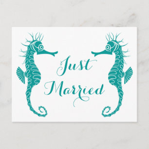 Teal Turquoise Just Married Seahorse Beach Wedding Announcement Postcard