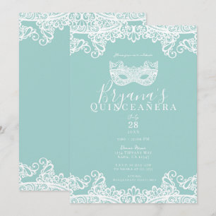 Teal Turquoise Lace Masquerade 15th Quinceañera Invitation