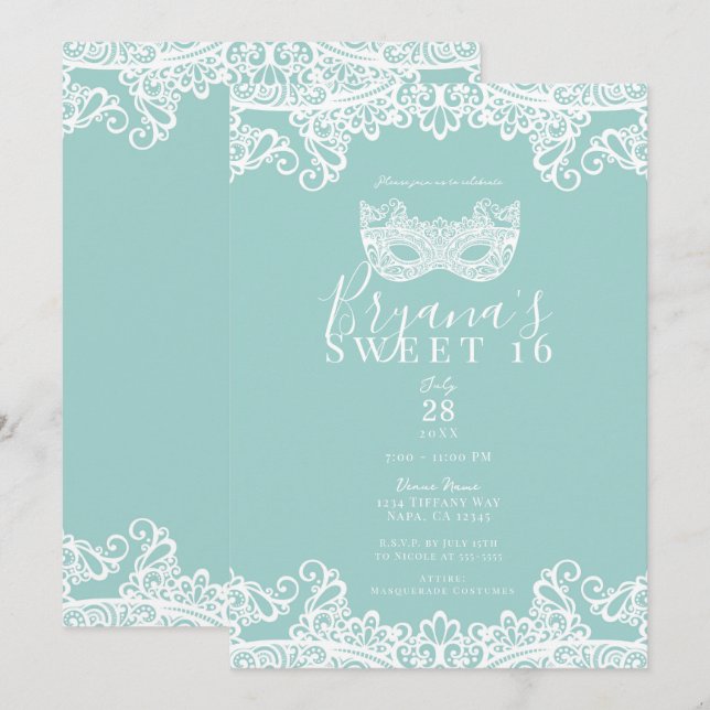 Teal Turquoise Lace Masquerade Sweet 16 Party Invitation (Front/Back)