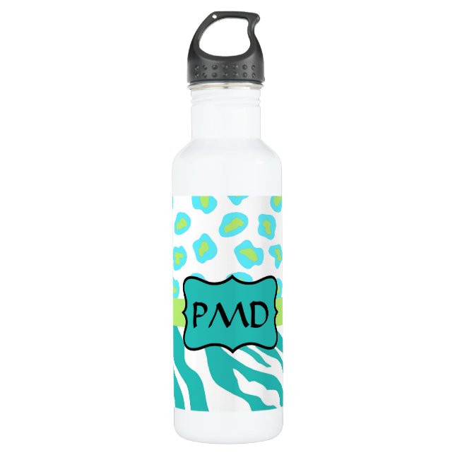 Teal Turquoise, Lime Green Zebra & Cheetah Skin 710 Ml Water Bottle (Front)