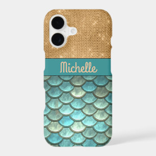Teal Turquoise Mermaid Scales Gold Glitter Name