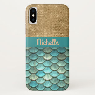 Teal Turquoise Mermaid Scales   Gold Glitter Name Case-Mate iPhone Case
