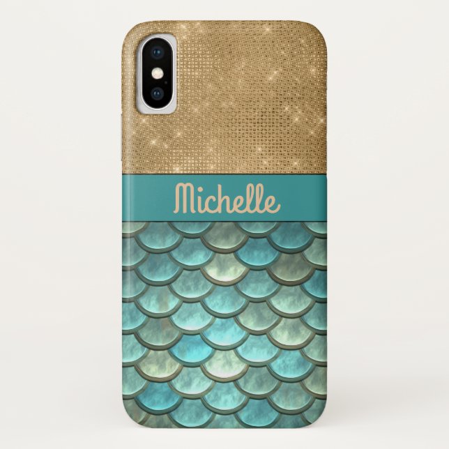 Teal Turquoise Mermaid Scales | Gold Glitter Name Case-Mate iPhone Case (Back)