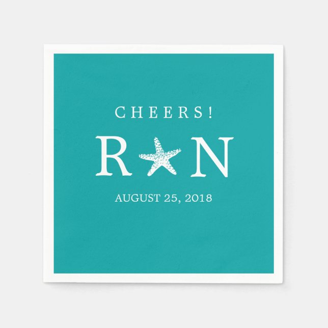 Teal Turquoise Monogram Starfish | Wedding Napkin (Front)