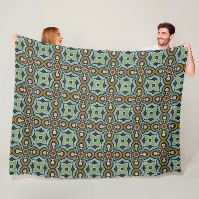 Teal Turquoise Ochre Retro Hip Bohemian Art Motif Fleece Blanket (In Situ)