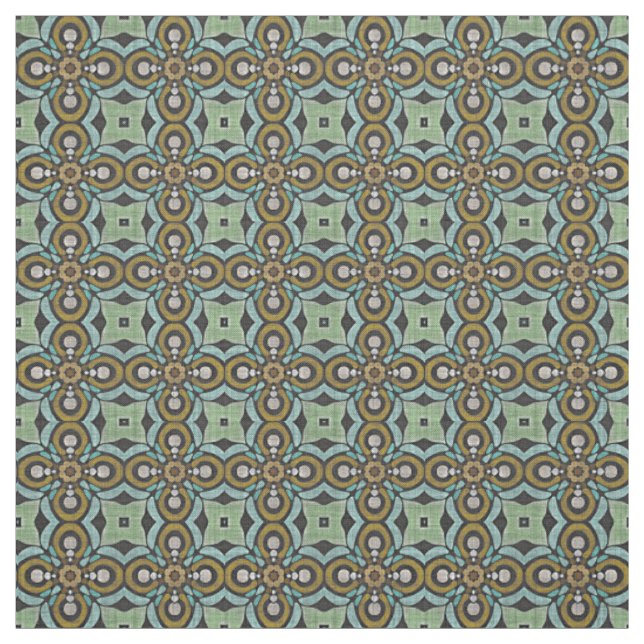 Teal Turquoise Ochre Retro Nouveau Deco Pattern Fabric (Swatch)
