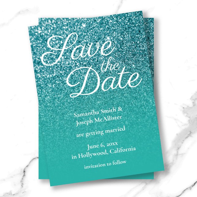 Teal Turquoise Ombre Glitter Save the Date Invitation (Teal Turquoise Ombre Glitter Save the Date Invitation)