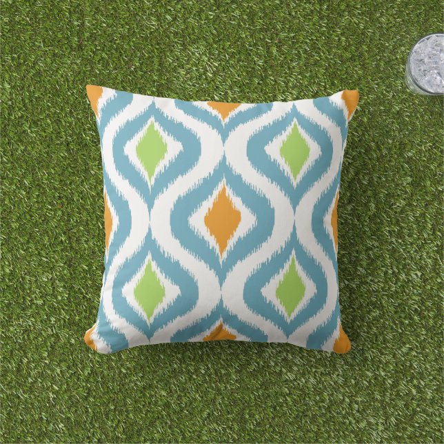 Teal Turquoise Orange Lime Green Ikat Drops Art Outdoor Pillow (Grass)
