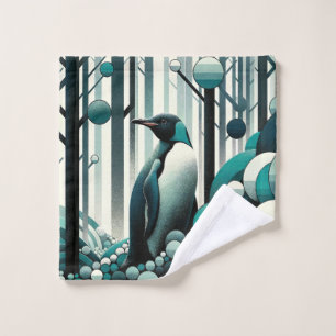 Teal Turquoise Penguin In The Art Deco Geometrical Wash Cloth