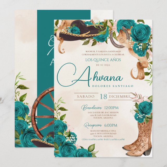 Teal Turquoise Quinceañera Charro Western Rose Invitation (Front/Back)