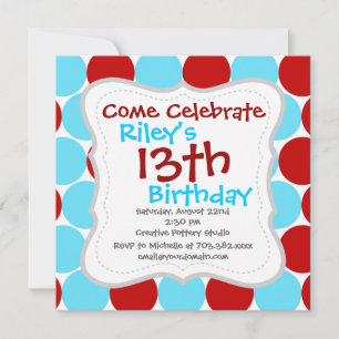 Teal Turquoise Red Big Polka Dots Pattern Gifts Invitation