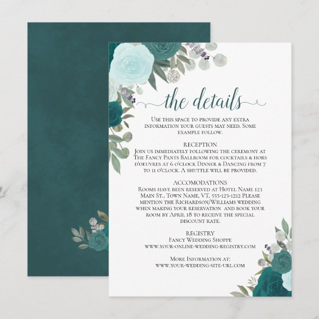 Teal & Turquoise Roses Rustic Wedding Details Enclosure Card (Front/Back)