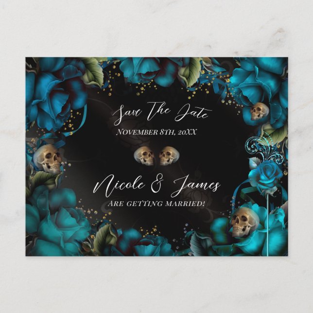 Teal Turquoise Roses Skulls Gothic Save the Date Announcement Postcard (Front)