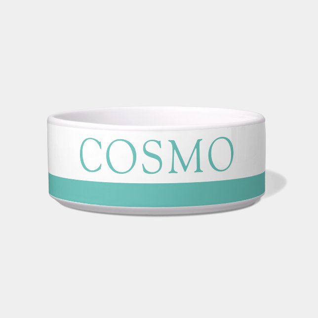 Teal Turquoise Stripe Custom Pet Name Cat Dog Food Bowl (Front)