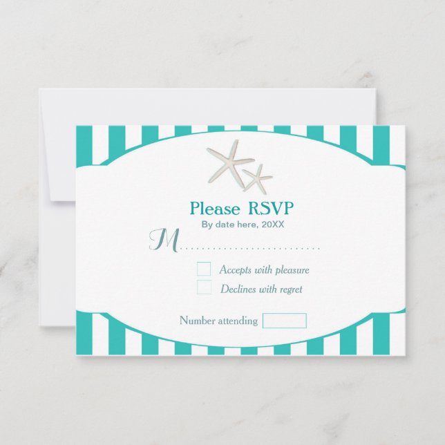 Teal Turquoise Striped Starfish Beach RSVP card (Front)