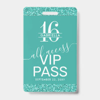 Teal Turquoise Sweet 16 Invitation VIP Pass Badge