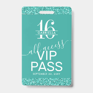 Teal Turquoise Sweet 16 Invitation VIP Pass Badge